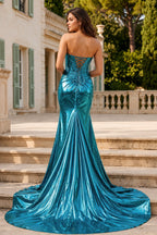 Mermaid Sweetheart Strapless Metallic Empire Evening Dress With Side Slit - Curvevia