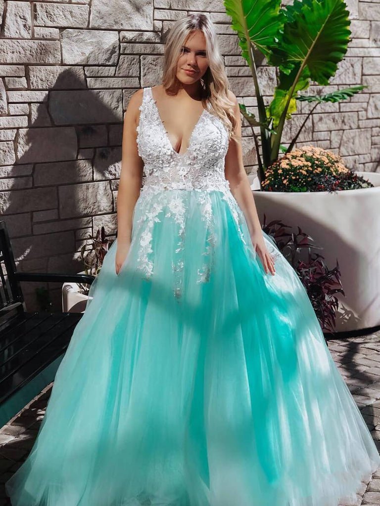 Turquoise Lace Applique Ball Gown Long Ball Gowns Quinceanera Dress - Curvevia