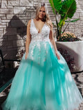 Turquoise Lace Applique Ball Gown Long Ball Gowns Quinceanera Dress - Curvevia