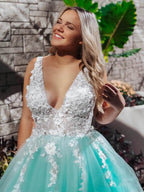 Turquoise Lace Applique Ball Gown Long Ball Gowns Quinceanera Dress - Curvevia