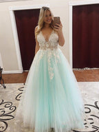 Turquoise Lace Applique Ball Gown Long Ball Gowns Quinceanera Dress - Curvevia