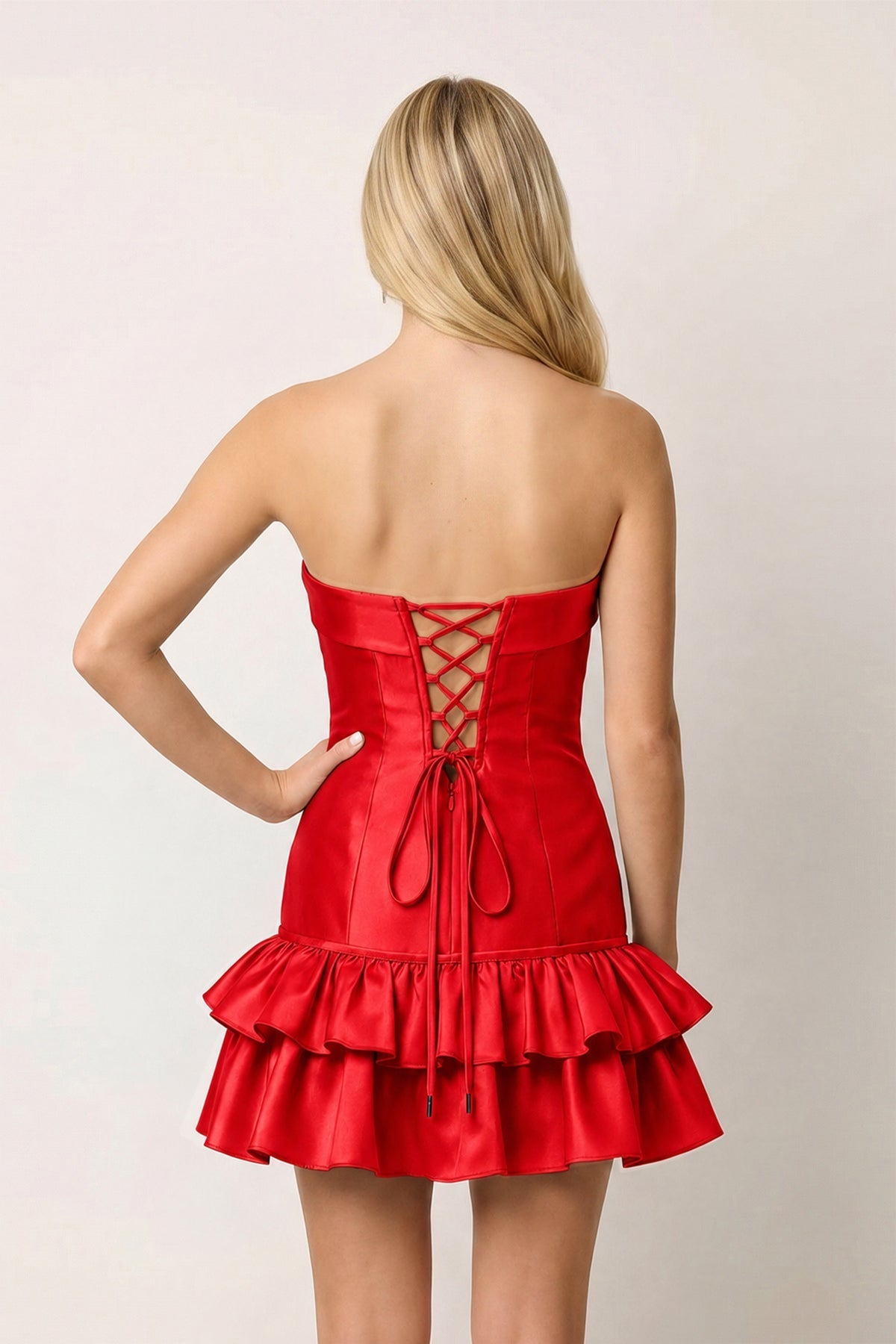 Turquoise Ruffled Strapless Tiered A-Line Satin Wedding Guest Dress - Curvevia