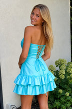 Turquoise Ruffled Strapless Tiered A-Line Satin Wedding Guest Dress - Curvevia