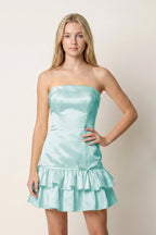 Turquoise Ruffled Strapless Tiered A-Line Satin Wedding Guest Dress - Curvevia