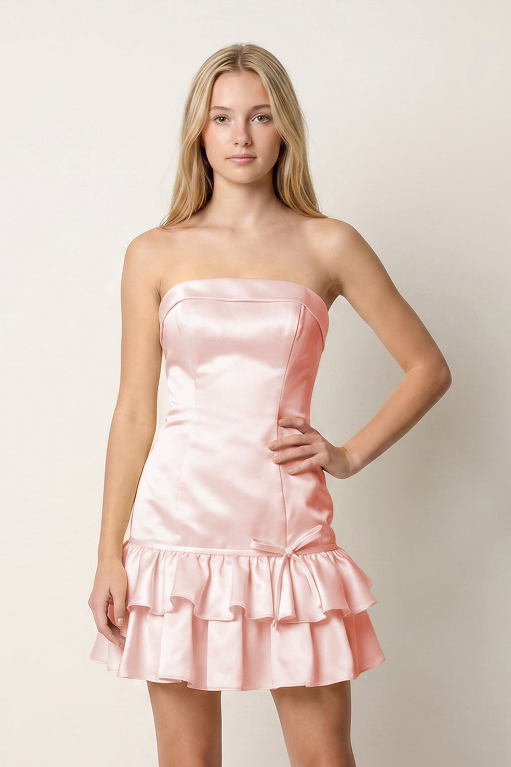Turquoise Ruffled Strapless Tiered A-Line Satin Wedding Guest Dress - Curvevia