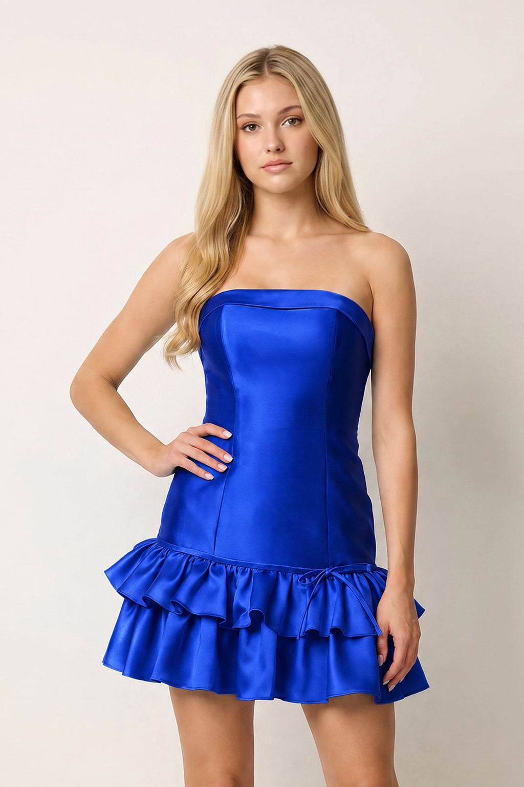 Turquoise Ruffled Strapless Tiered A-Line Satin Wedding Guest Dress - Curvevia