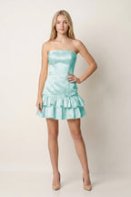 Turquoise Ruffled Strapless Tiered A-Line Satin Wedding Guest Dress - Curvevia