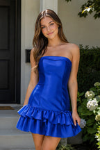 Turquoise Ruffled Strapless Tiered A-Line Satin Wedding Guest Dress - Curvevia