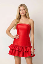 Turquoise Ruffled Strapless Tiered A-Line Satin Wedding Guest Dress - Curvevia