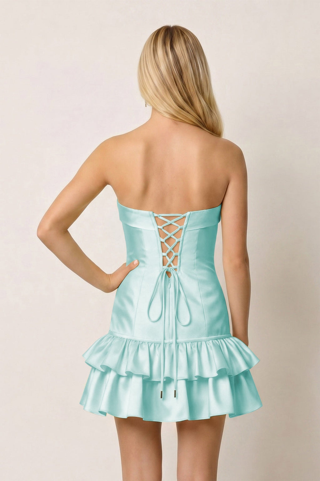 Turquoise Ruffled Strapless Tiered A-Line Satin Wedding Guest Dress - Curvevia