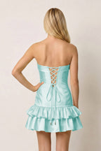 Turquoise Ruffled Strapless Tiered A-Line Satin Wedding Guest Dress - Curvevia