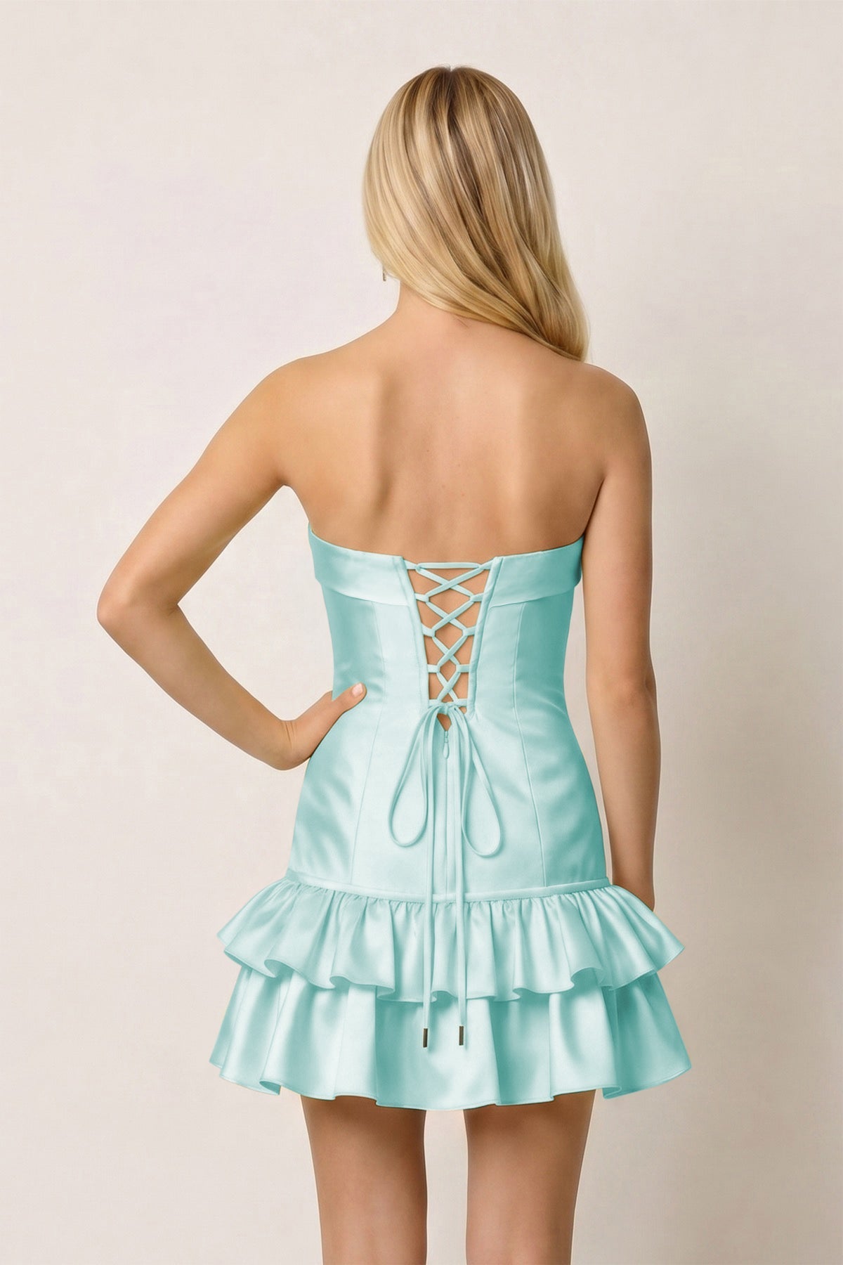 Turquoise Ruffled Strapless Tiered A-Line Satin Wedding Guest Dress - Curvevia