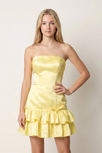 Turquoise Ruffled Strapless Tiered A-Line Satin Wedding Guest Dress - Curvevia