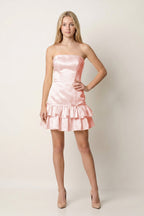 Turquoise Ruffled Strapless Tiered A-Line Satin Wedding Guest Dress - Curvevia