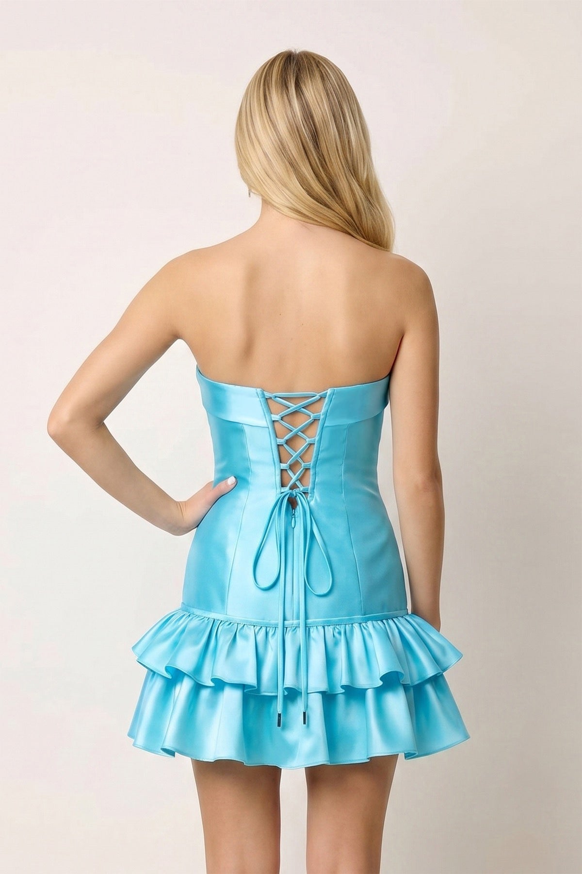Turquoise Ruffled Strapless Tiered A-Line Satin Wedding Guest Dress - Curvevia