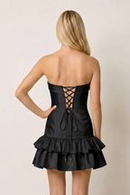 Turquoise Ruffled Strapless Tiered A-Line Satin Wedding Guest Dress - Curvevia