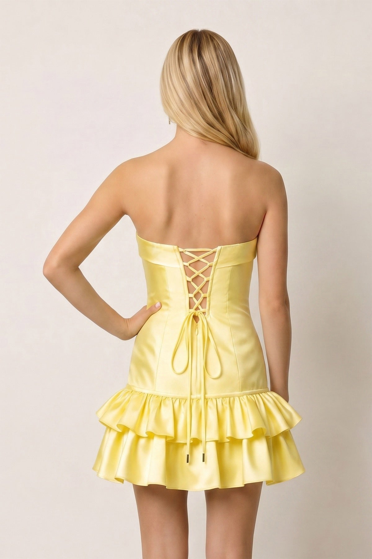 Turquoise Ruffled Strapless Tiered A-Line Satin Wedding Guest Dress - Curvevia