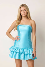 Turquoise Ruffled Strapless Tiered A-Line Satin Wedding Guest Dress - Curvevia