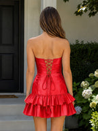 Turquoise Ruffled Strapless Tiered A-Line Satin Wedding Guest Dress - Curvevia
