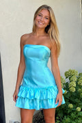 Turquoise Ruffled Strapless Tiered A-Line Satin Wedding Guest Dress - Curvevia