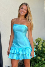 Turquoise Ruffled Strapless Tiered A-Line Satin Wedding Guest Dress - Curvevia