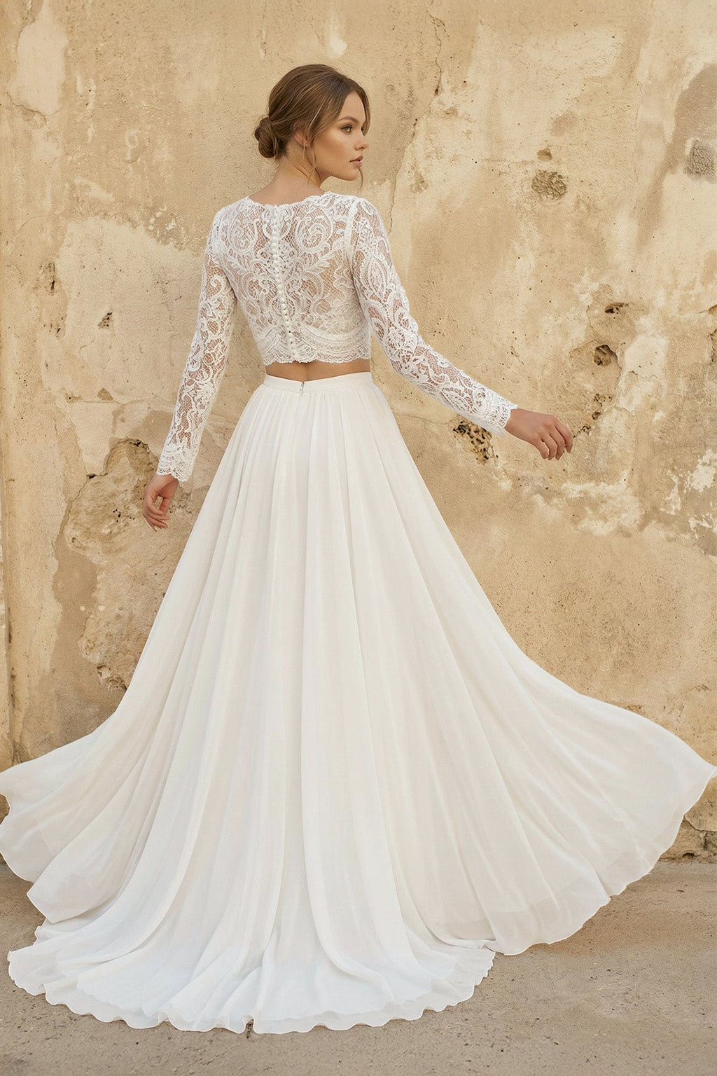 Two Piece V-neck Wedding Dress with Sweep Train Lace Long Sleeves - Curvevia