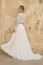 Two Piece V-neck Wedding Dress with Sweep Train Lace Long Sleeves - Curvevia