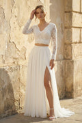 Two Piece V-neck Wedding Dress with Sweep Train Lace Long Sleeves - Curvevia