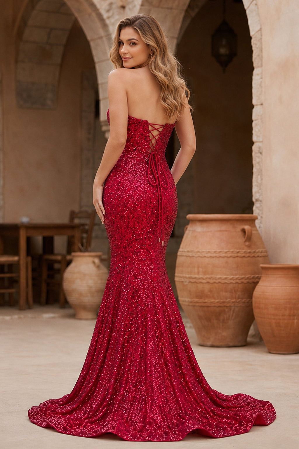 Red Mermaid Sweetheart Neck Sequins Long Evening Dress - Curvevia