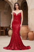 Red Mermaid Sweetheart Neck Sequins Long Evening Dress - Curvevia