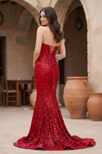Red Mermaid Sweetheart Neck Sequins Long Evening Dress - Curvevia