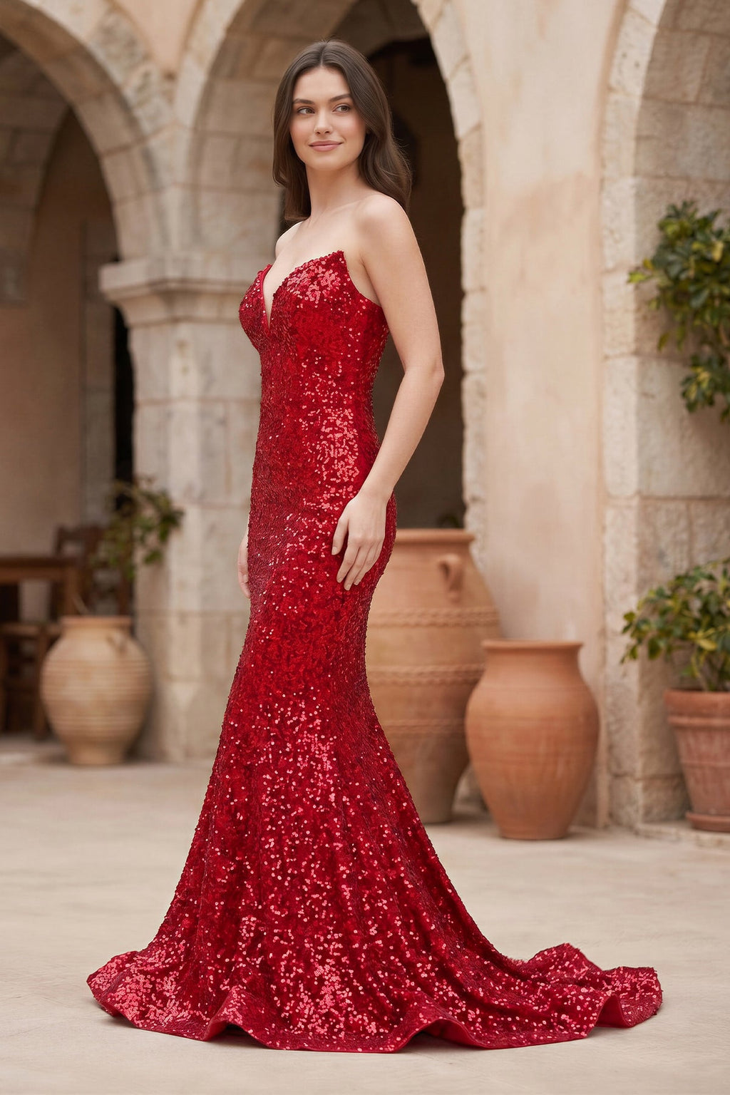 Red Mermaid Sweetheart Neck Sequins Long Evening Dress - Curvevia