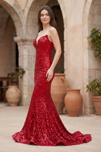 Red Mermaid Sweetheart Neck Sequins Long Evening Dress - Curvevia