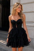 Black Strapless A Line Chiffon Ruffled Wedding Guest Dress With Bow - Curvevia