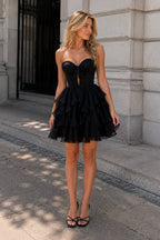 Black Strapless A Line Chiffon Ruffled Wedding Guest Dress With Bow - Curvevia