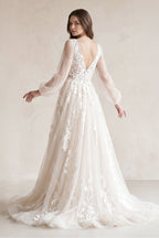 Long Bohemian Wedding Dresses Illusion Sleeves V Neck Back - Curvevia