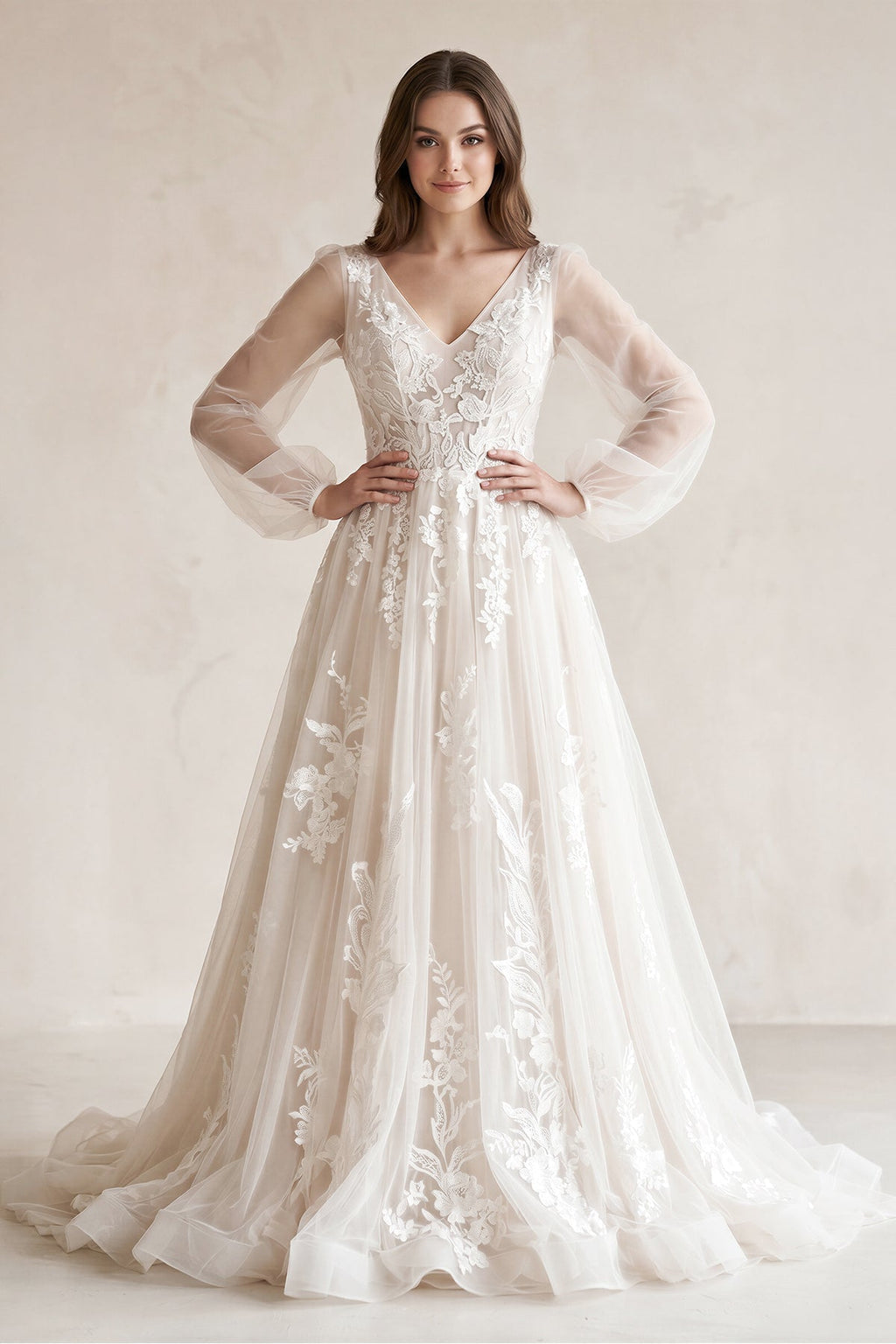 Long Bohemian Wedding Dresses Illusion Sleeves V Neck Back - Curvevia