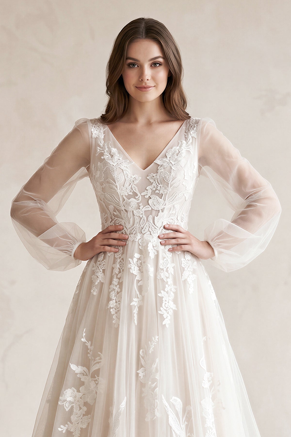 Long Bohemian Wedding Dresses Illusion Sleeves V Neck Back - Curvevia