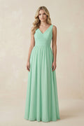 V-Neck A-Line Bridesmaid Dress with Back Bow in Pale Pistachio - Curvevia
