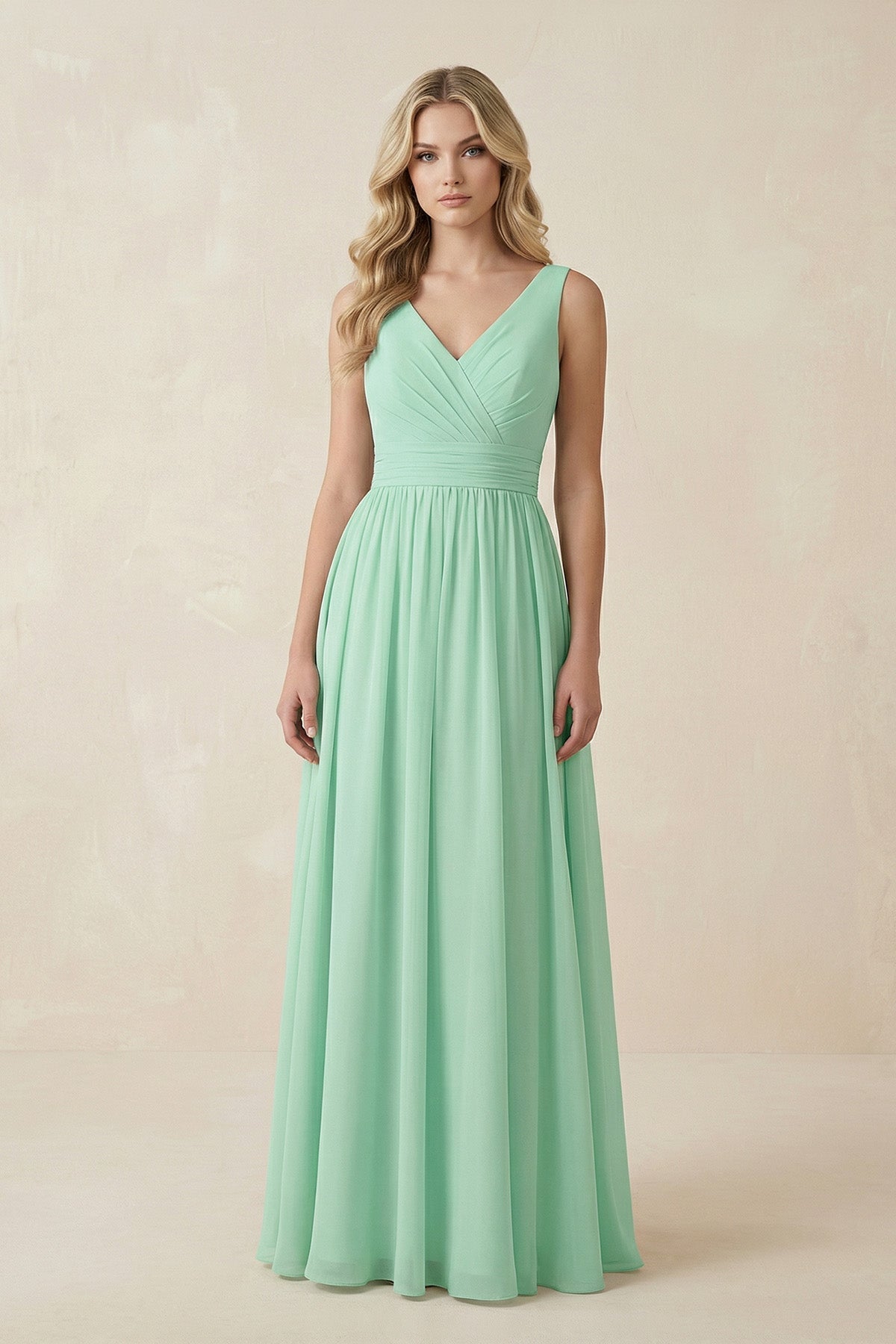 V-Neck A-Line Bridesmaid Dress with Back Bow in Pale Pistachio - Curvevia