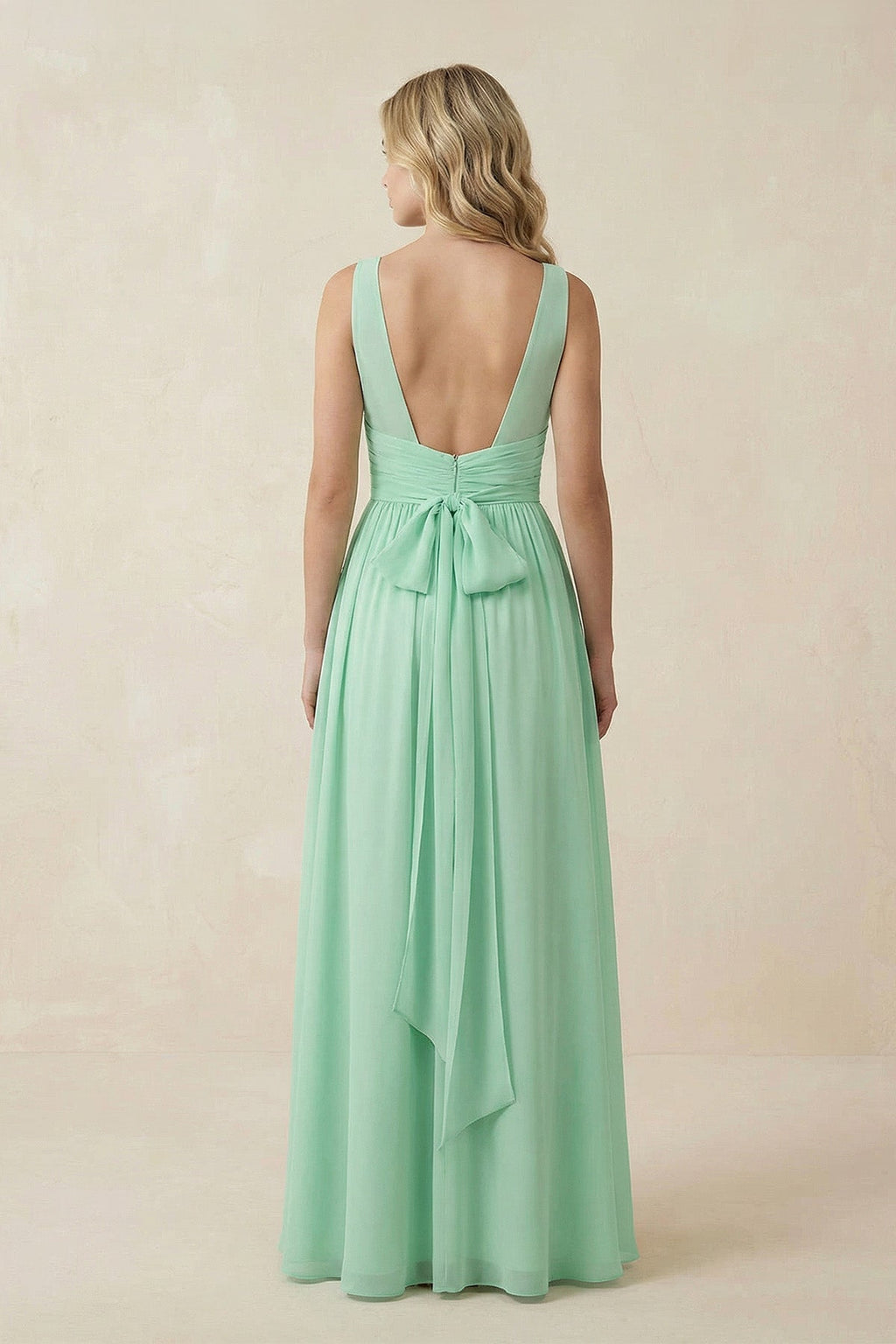 V-Neck A-Line Bridesmaid Dress with Back Bow in Pale Pistachio - Curvevia