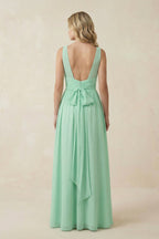 V-Neck A-Line Bridesmaid Dress with Back Bow in Pale Pistachio - Curvevia