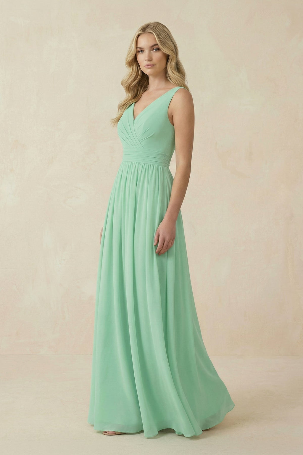 V-Neck A-Line Bridesmaid Dress with Back Bow in Pale Pistachio - Curvevia