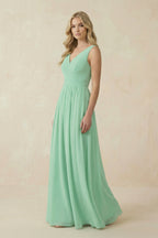 V-Neck A-Line Bridesmaid Dress with Back Bow in Pale Pistachio - Curvevia