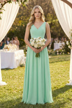 V-Neck A-Line Bridesmaid Dress with Back Bow in Pale Pistachio - Curvevia
