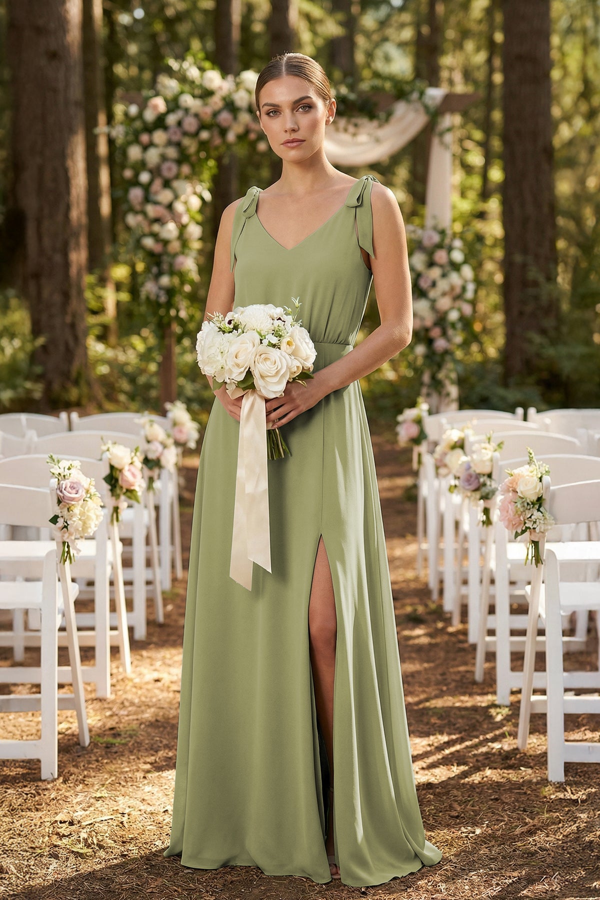V-Neck A-Line Chiffon Bridesmaid Dress in Moss Green - Curvevia