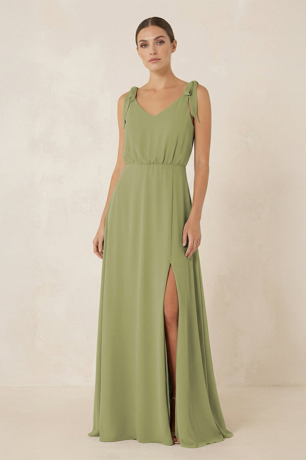 V-Neck A-Line Chiffon Bridesmaid Dress in Moss Green - Curvevia