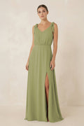 V-Neck A-Line Chiffon Bridesmaid Dress in Moss Green - Curvevia