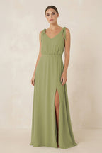 V-Neck A-Line Chiffon Bridesmaid Dress in Moss Green - Curvevia