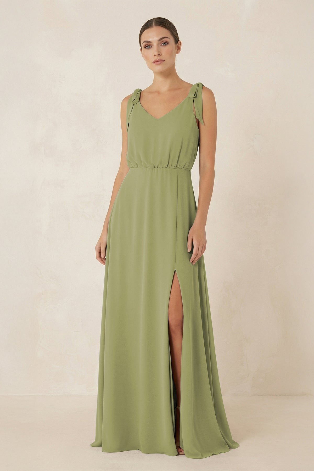 V-Neck A-Line Chiffon Bridesmaid Dress in Moss Green - Curvevia